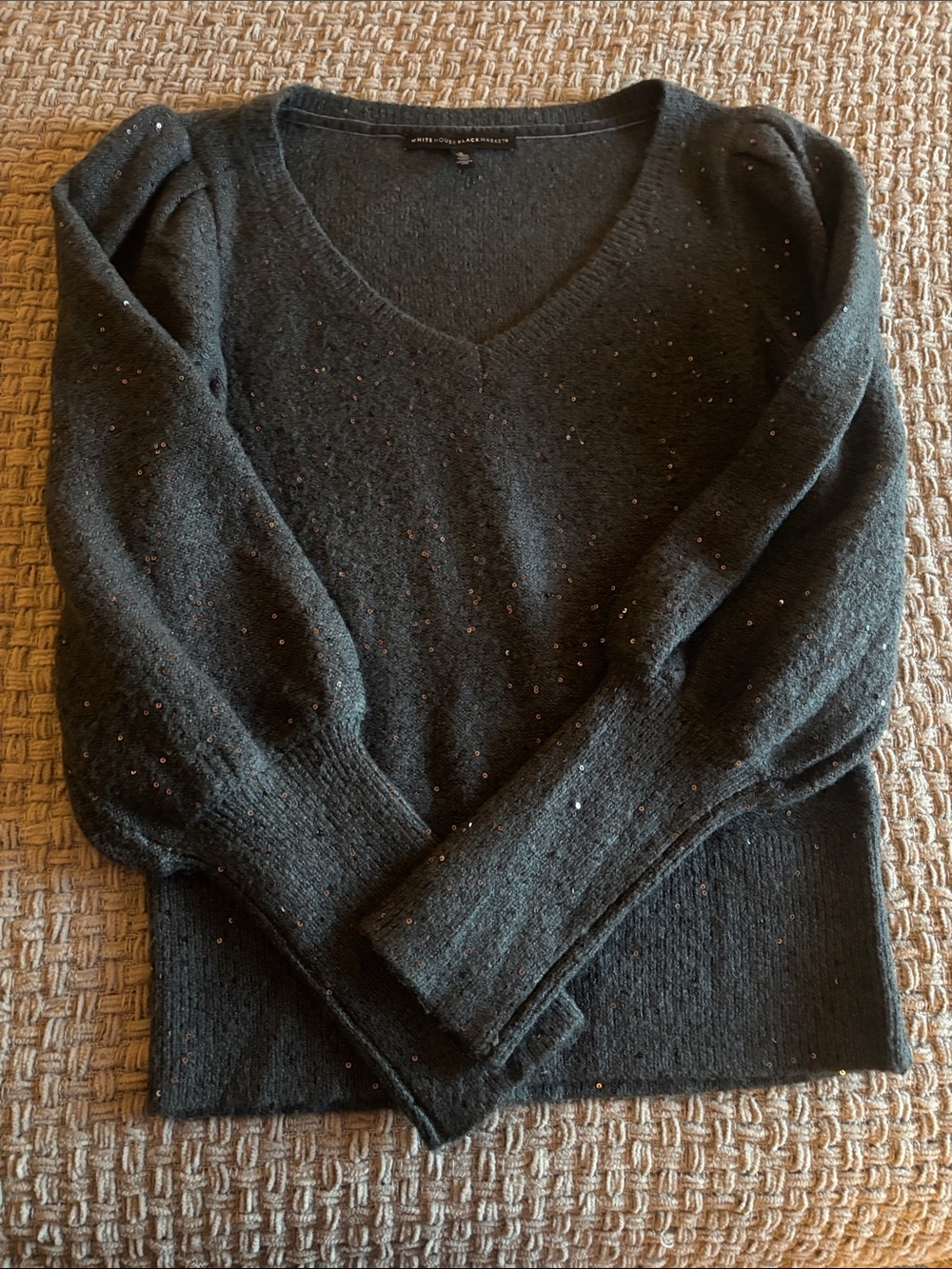 White House Black Market Dark Gray V-Neck Sweater with Sparkle Detail
